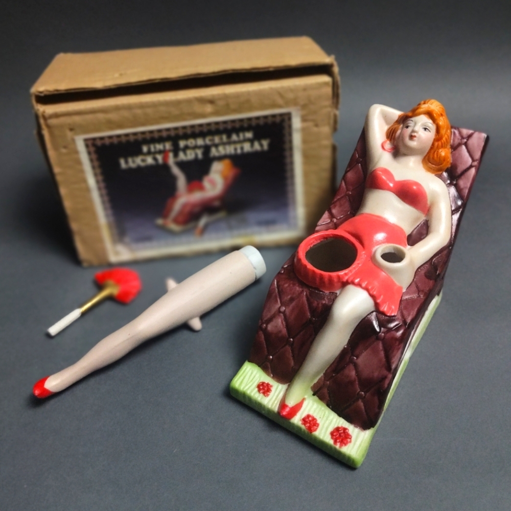 Vintage Porcelain Lucky Lady Ashtray - With Moving Leg And Fan In Original Box